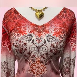 Chic Red and White Patterned Long Sleeve Top